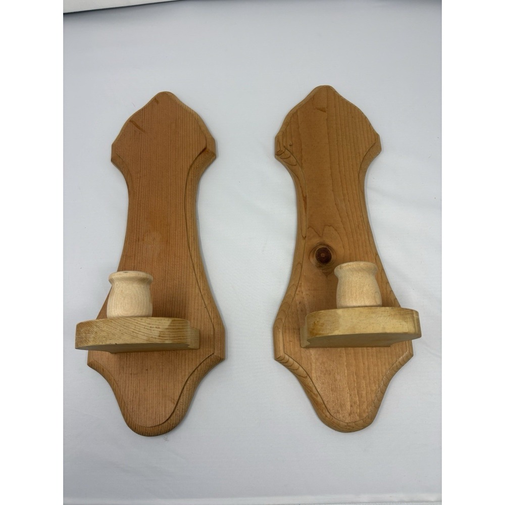 Vintage Solid Wood Natural Light Wall Sconces Taper Candle Holders Set of 2 90's